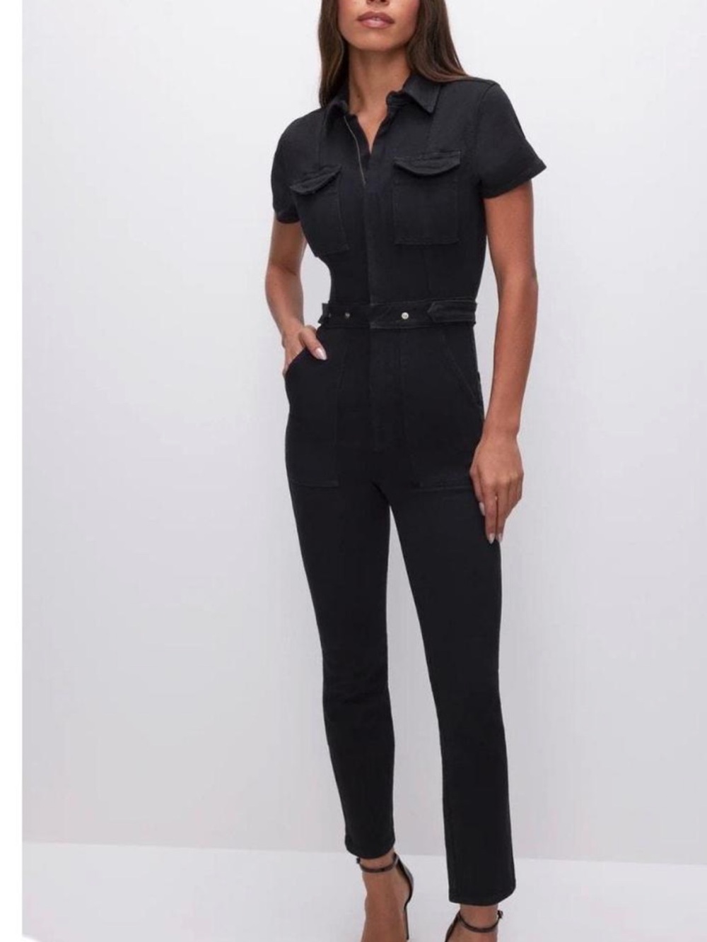 NWT Good American Fit For Success Short Sleeve Denim Utility Jumpsuit BLK Size